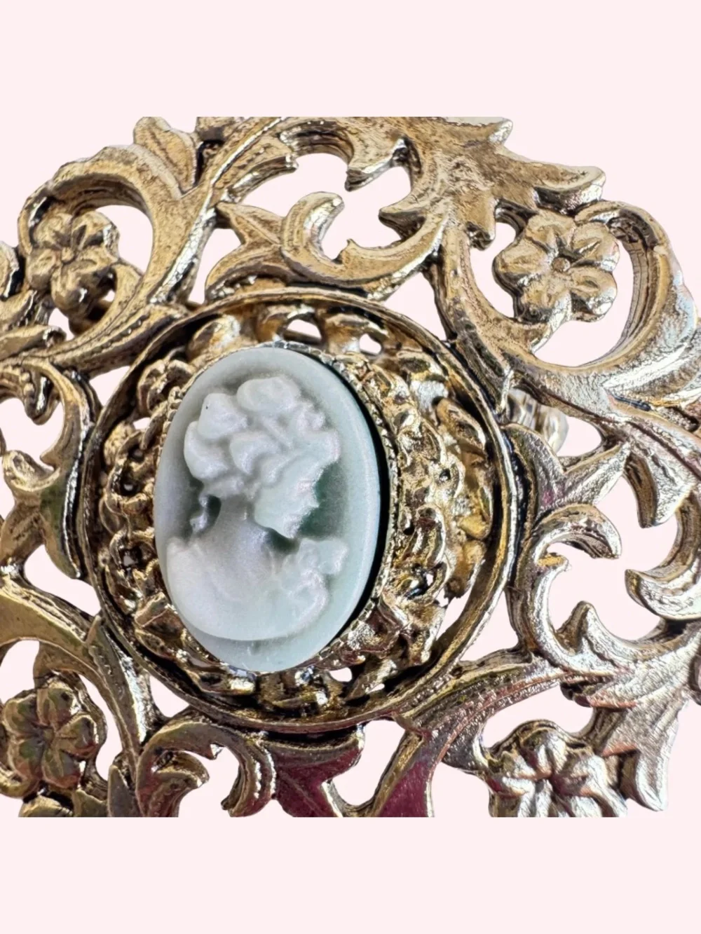 Vintage Resin Cameo Brooch Gold Tone Filigree Lady Portrait Pin Victorian Gift